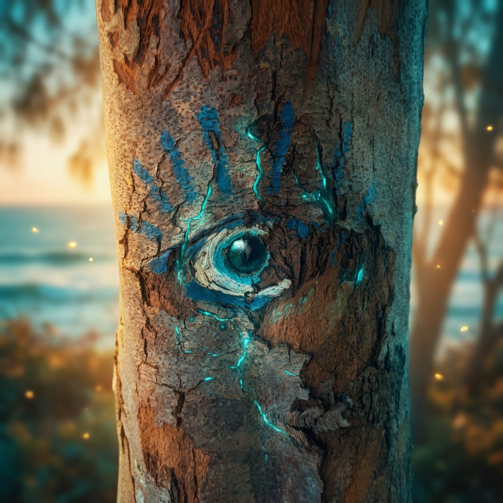 The blue eye painted on the beach tree